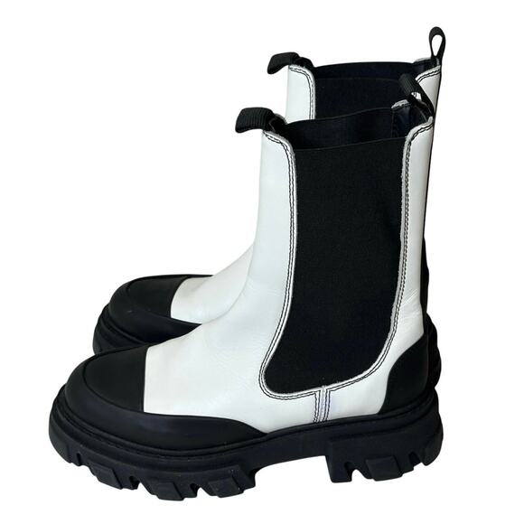 Ganni Women's White Black Leather Chelsea Calf high Platform Boots Size 38 - Picture 4 of 14